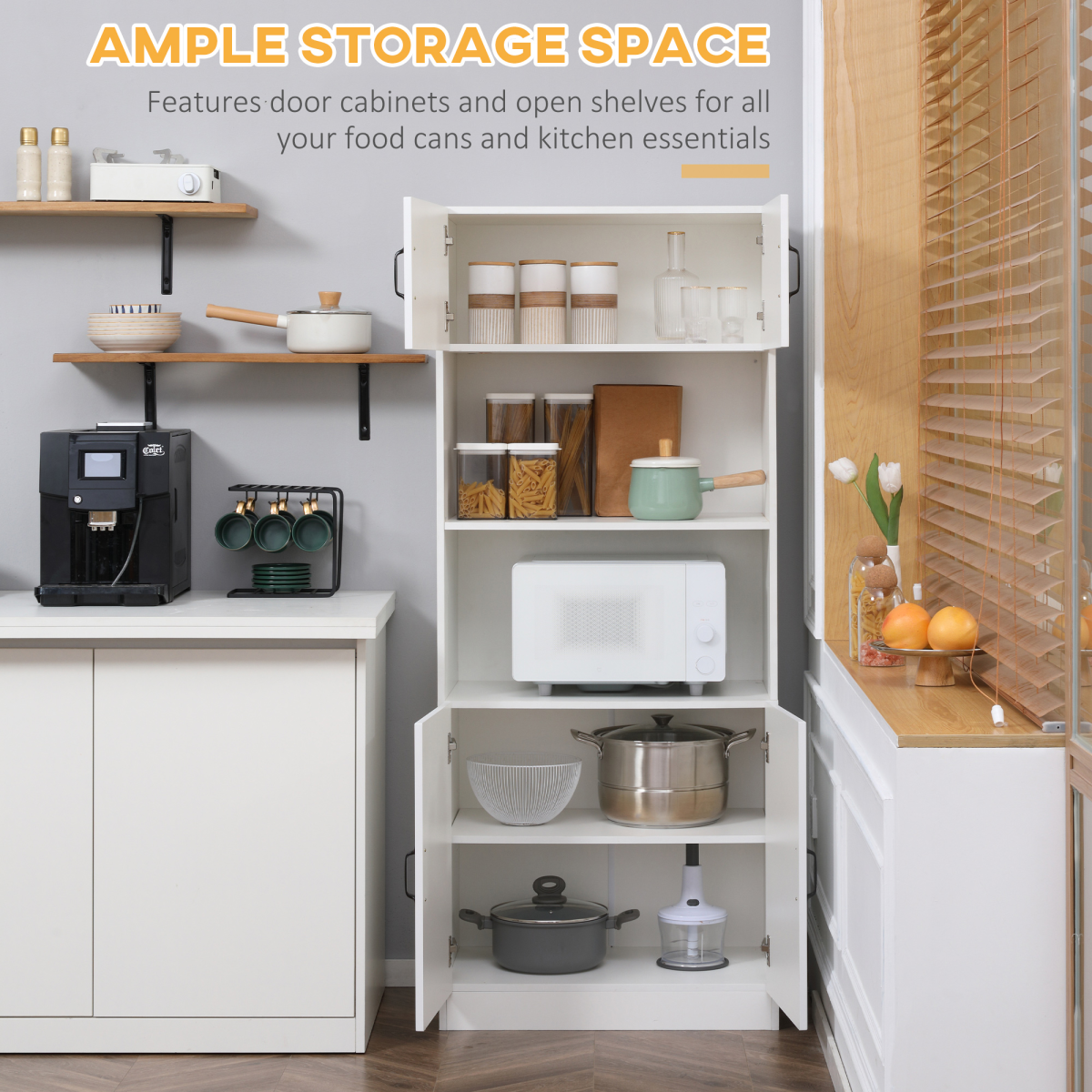 Kitchen Storage Cabinet, Cupborad with 5-tier Shelving 4 Doors, White