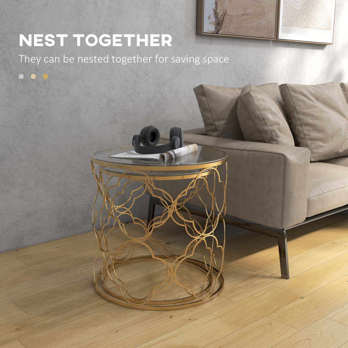HOMCOM Nesting Tables Set of 2, Side End Table with Glass Top, Gold Tone