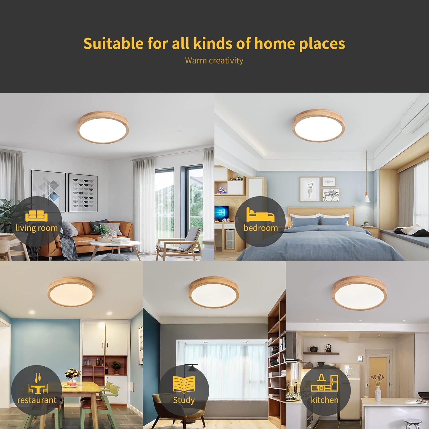 Schindora Wooden LED Ceiling Light, 20W Ø30cm Warm White for Home Rooms