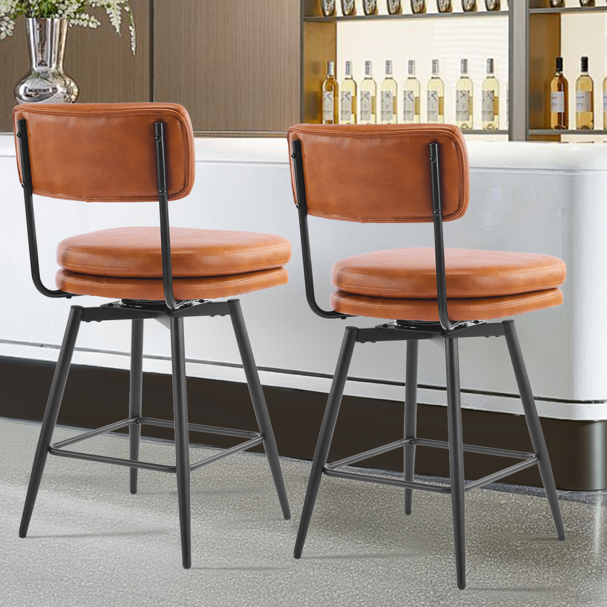 2 Pcs Brown PU Swivel Bar Stools with Removable Backrest & Double-Layer Seat, Metal Legs