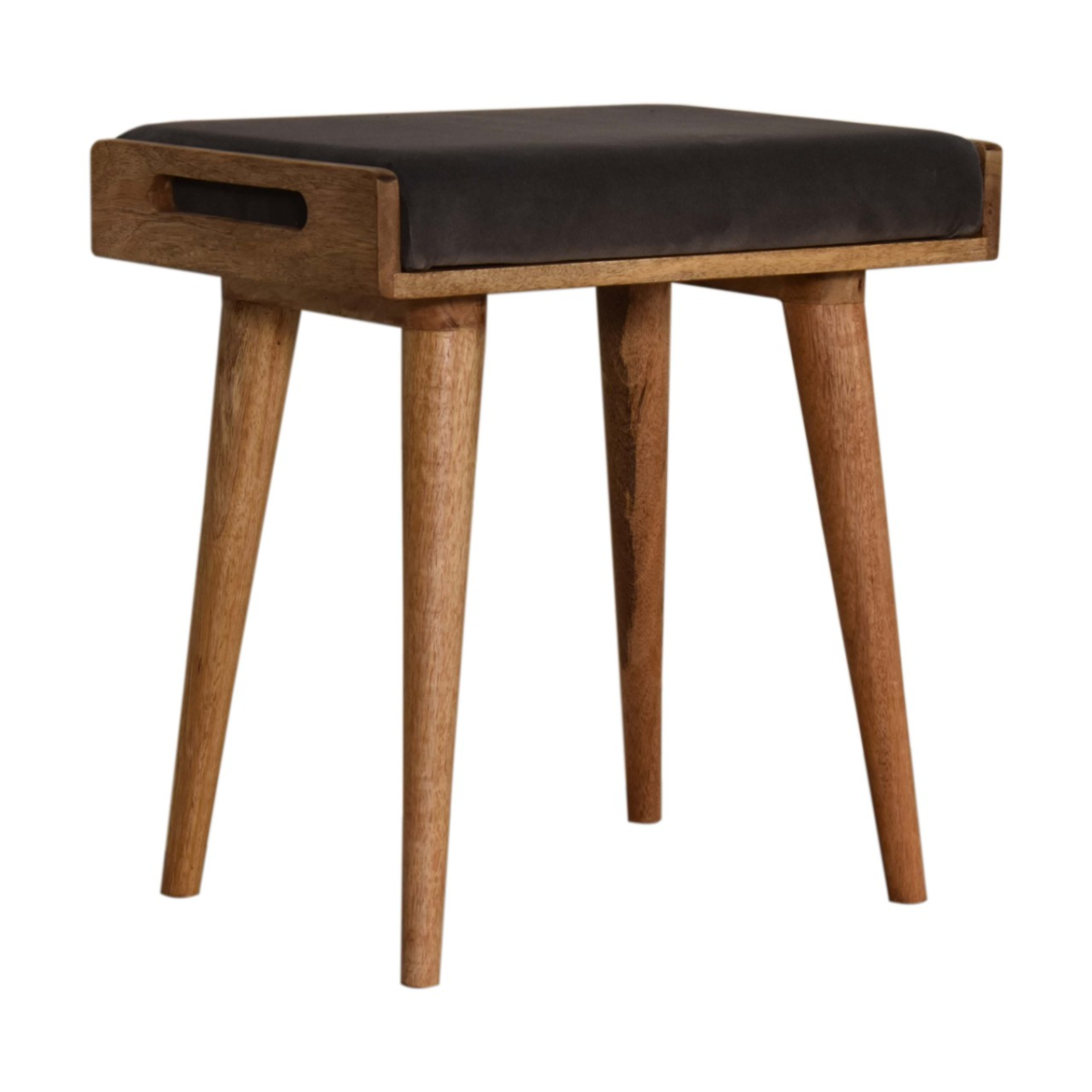 Artisan Furniture Solid Mango Wood Grey Velvet Tray Style Footstool