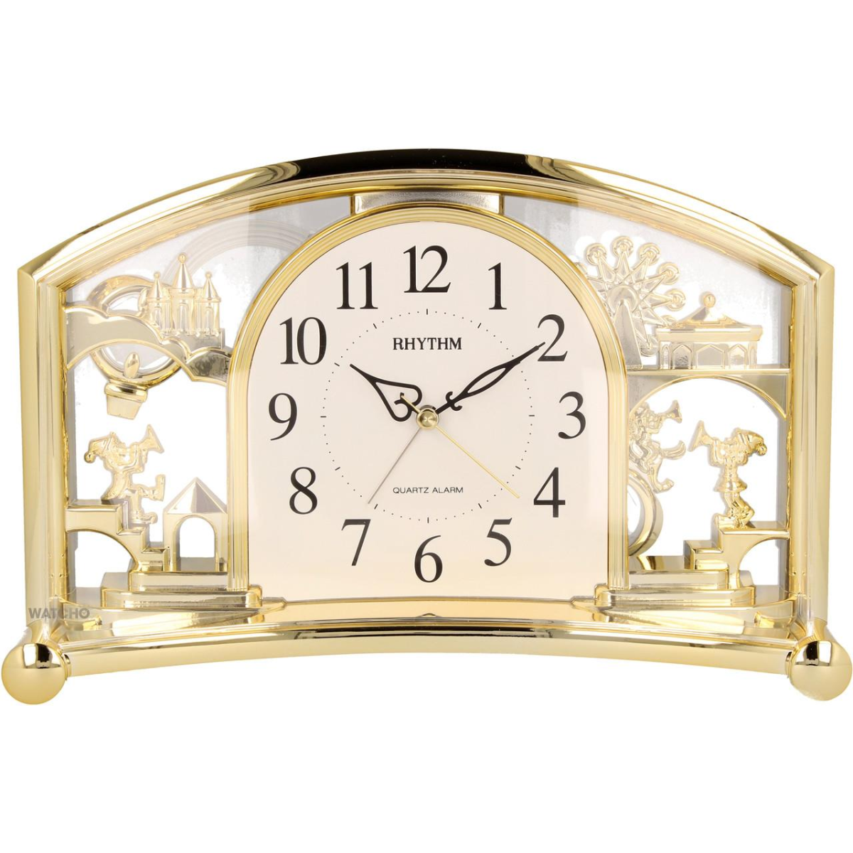 Rhythm Alarm Mantel Clock with Rotating Swarovski Crystal Pendulum Gilt