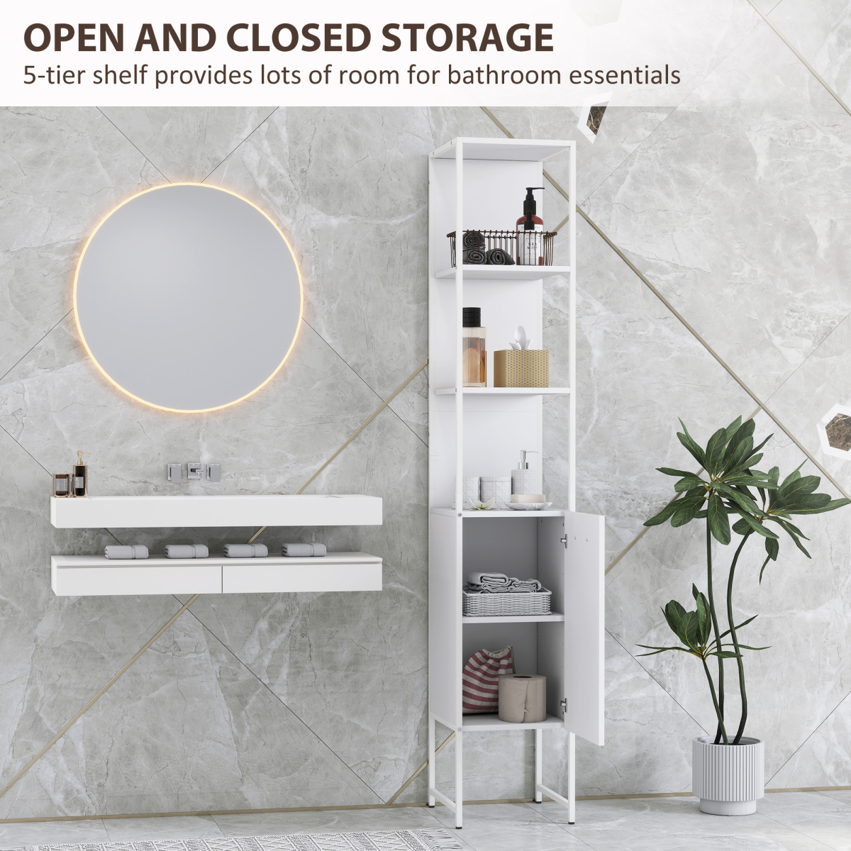 HOMCOM Tall Bathroom Cabinet with 3 Open Shelves Adjustable Shelf