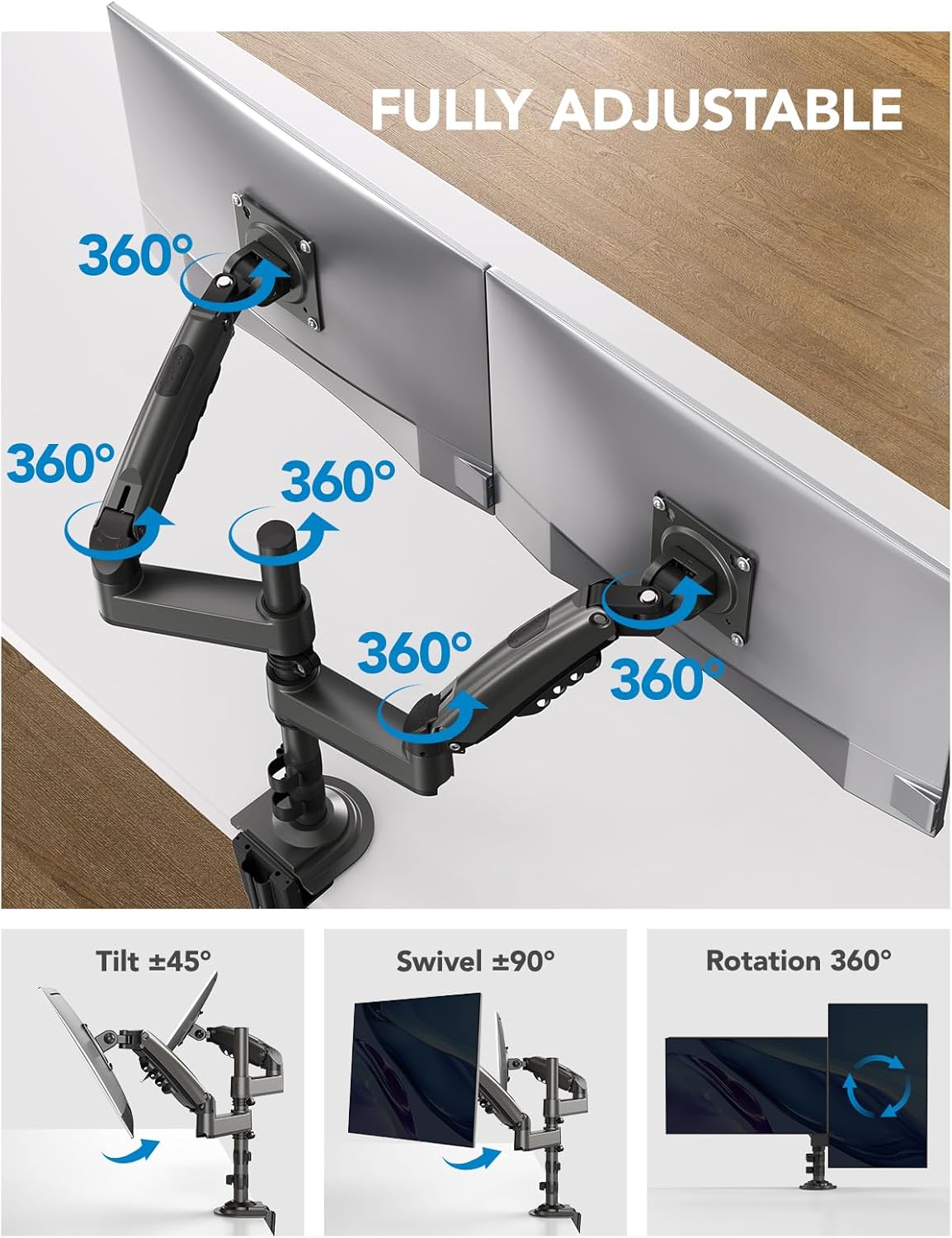 Dual Monitor Stand Long Arms 13 to 32 Inch Taller Adjustable Mount HUANUO