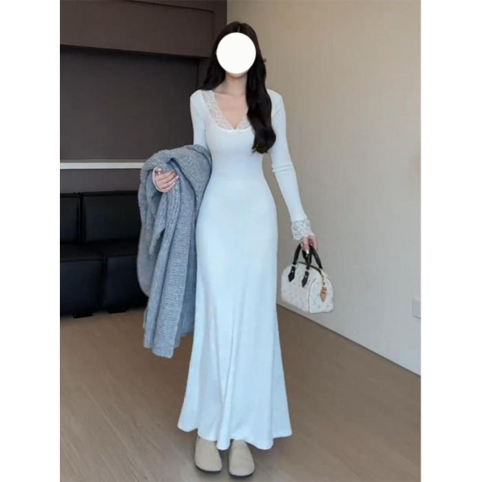 Women's Waist-cinching Figure-flattering Long-sleeve Knit Dress