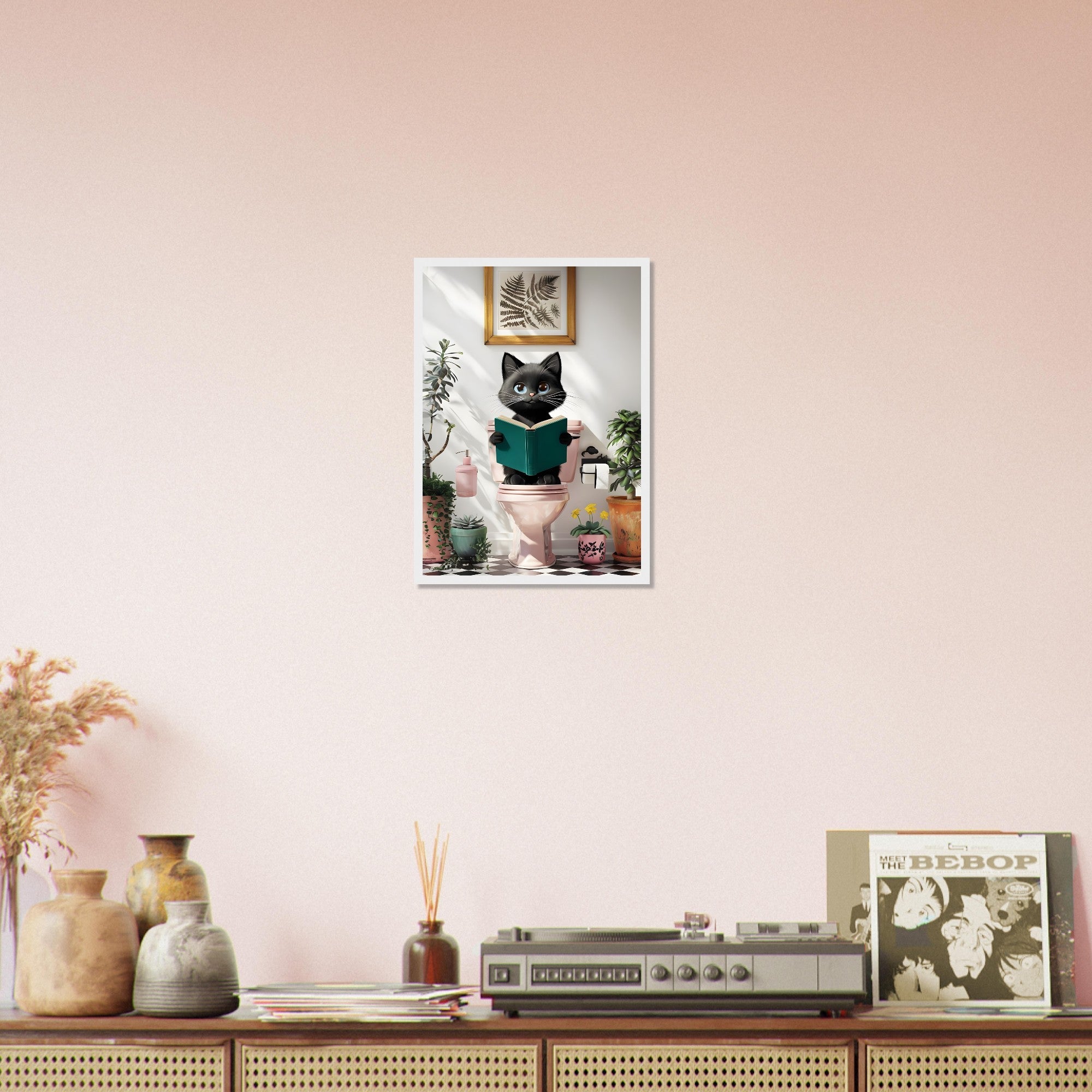 Framed Black Cat Poster – Quirky Bathroom Art with a Humorous Twist