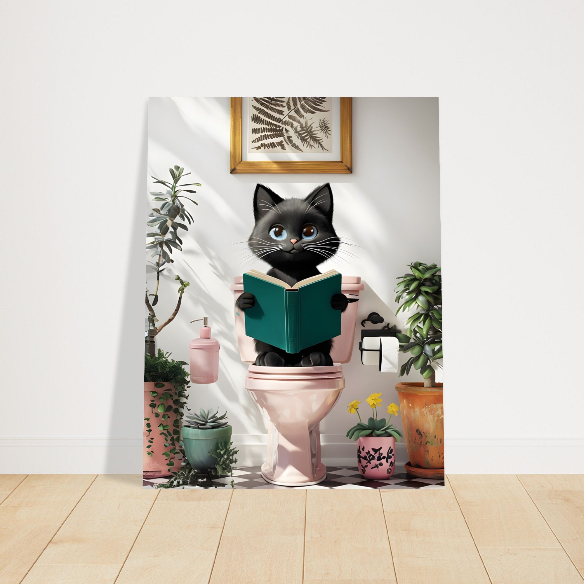 Charming Black Cat on Pink Toilet Poster - Cute Art for Cat Lovers