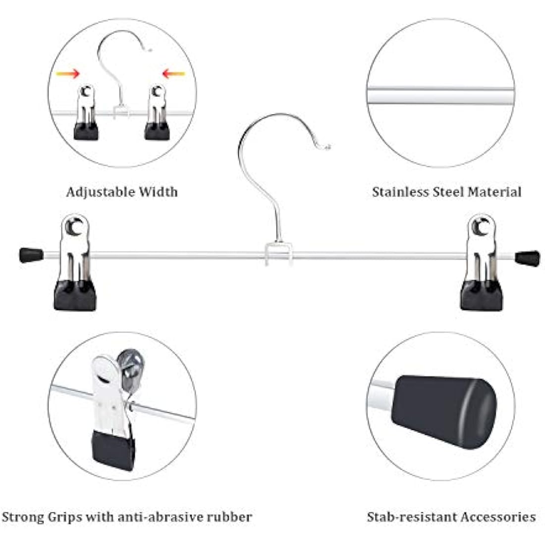 Trouser Hangers, 20 Pack Skirt Hangers with Adjustment Metal Grip Clips, Pant Hangers for Kids Adults, Heavy Duty Durable Space Saving, Silver