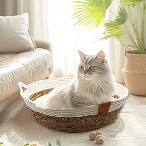 Rukuapid Rattan Cat Basket Bed with Cotton Cushion and Pillow, Wicker Kitten Basket with Toy Ball, Round Cat Beds for Indoor Cats Woven Cat Sleeping