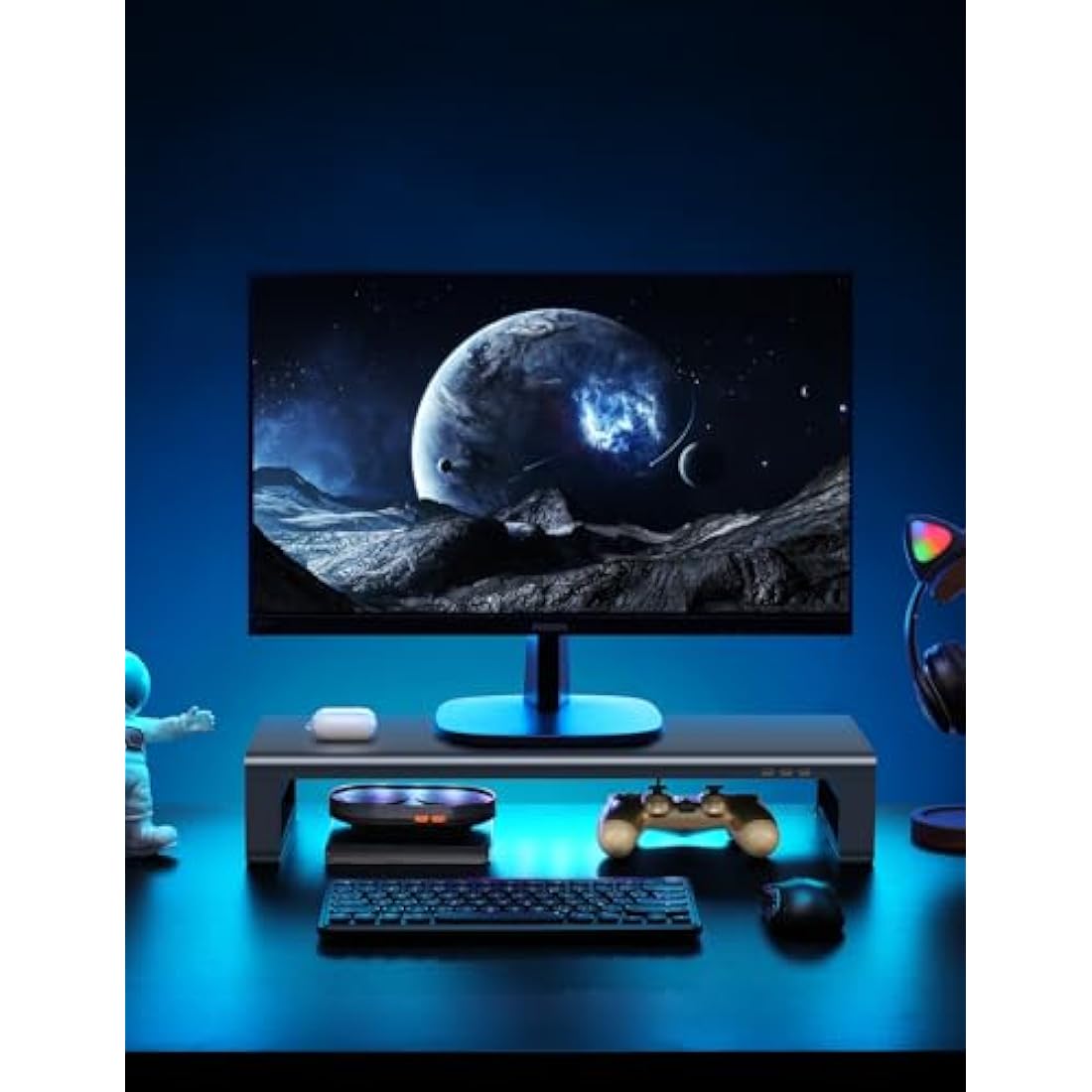 VAYDEER Monitor Stand with 4 USB 3.0 Ports, Metal Computer Screen Riser Lifter for Desk, Office PC Screen Shelf Tidy Space Saver Organiser for Laptop, Computer, iMac, up to 32 Inches - Black