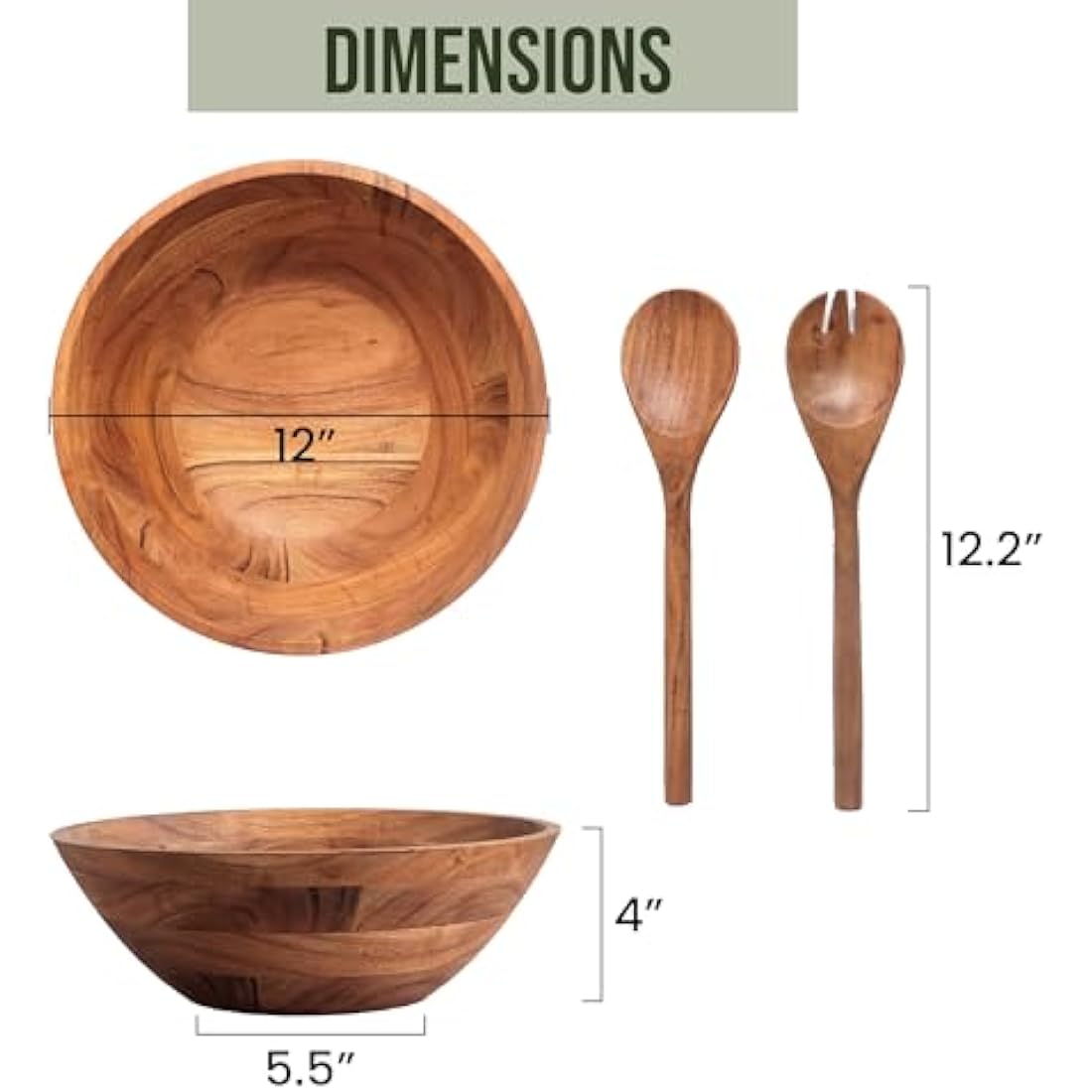 Luxe Designs Wooden Salad Bowl Set – Large Salad Bowl for Food, Fruits, or Salads – Durable Handmade Bowl with Spoon, Fork – Natural Wooden Bowls Decorative – Ideal Serving Bowl for Dining