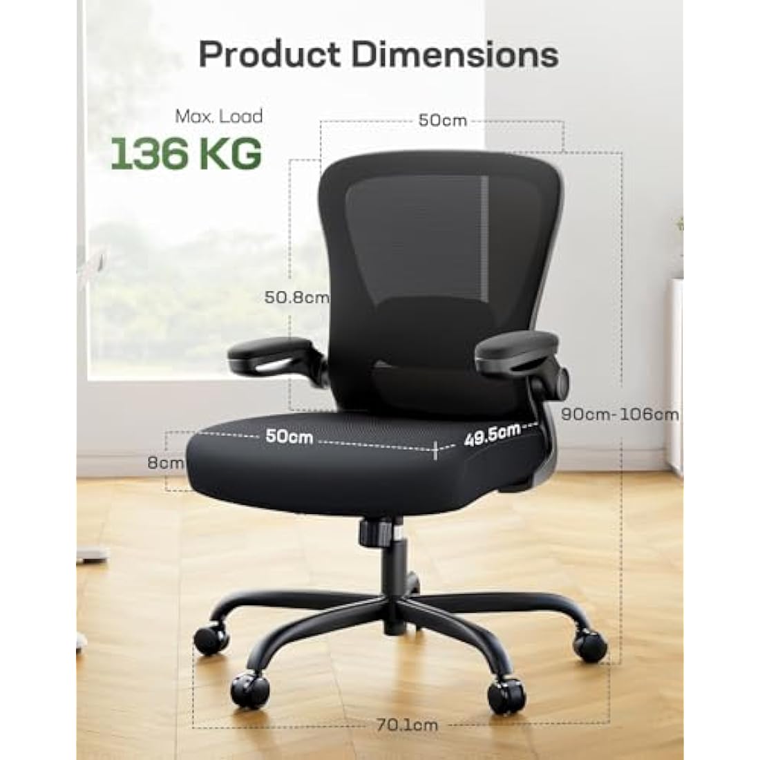 Marsail Ergonomic Office Chair: Ergonomic Desk Chair with Adjustable 3D Lumbar Support, Desk Chair Comfy with Flip-up Armrests, 90-120° Tilt Lock and Thick Cushion，300 LBS, Ebony