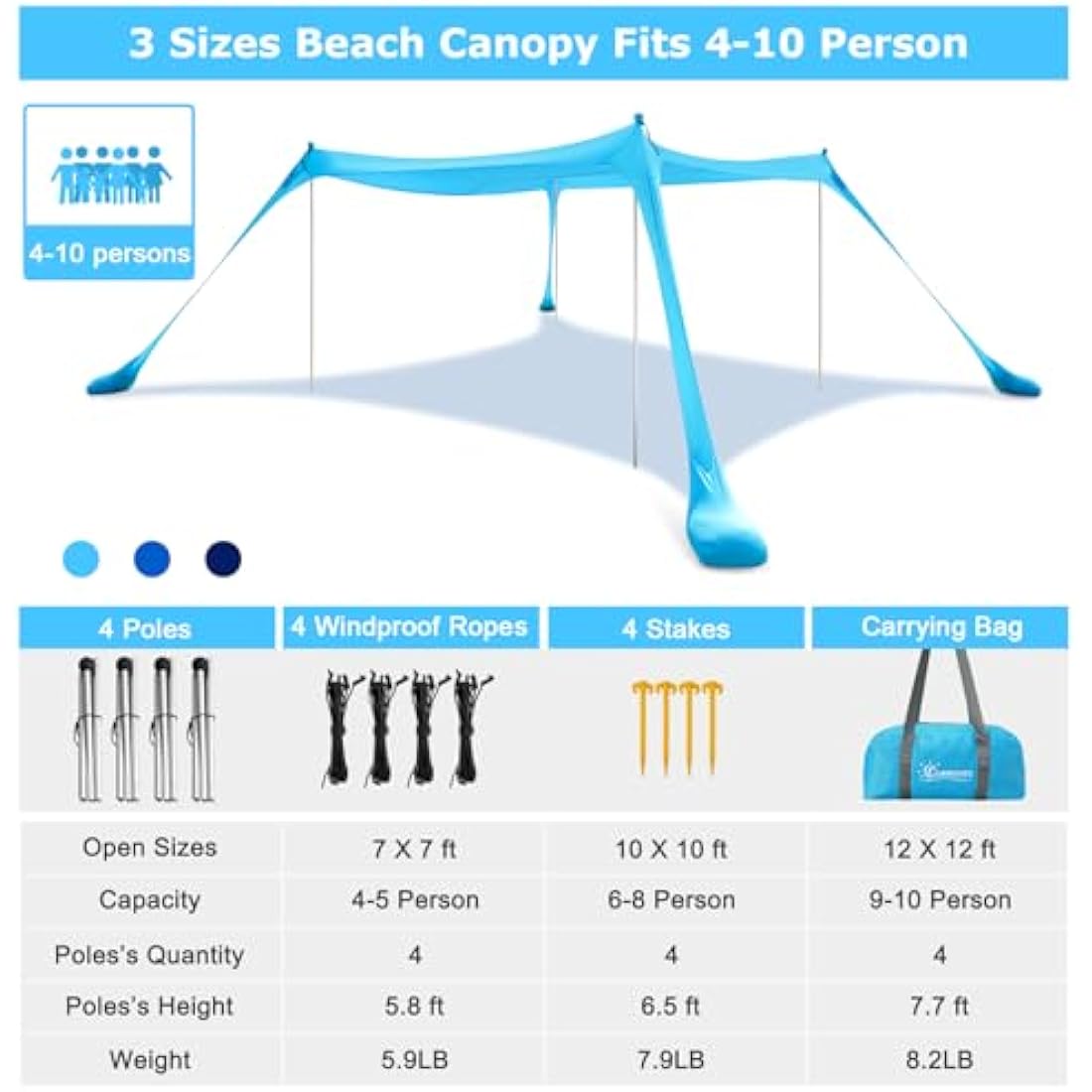 COMMOUDS Beach Tent Sun Shelter, UPF50+ Beach Shelter Canopy 2.1m x 2.1m, Portable Beach Umbrella Sun Shade with 4 Aluminum Poles, Easy Set Up Family Shelter for Beach, Camping, Fishing, Outdoors