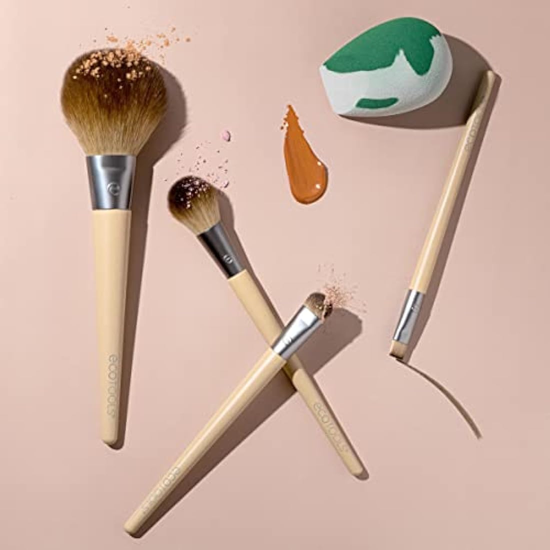 EcoTools Core Five Makeup Brush and Sponge Kit, For Eyeshadow, Blush, Bronzer, Eyeliner, & Foundation, Makeup Blending Sponge For Liquid & Cream Products, Vegan & Eco-Friendly Kit, 5 Piece Set