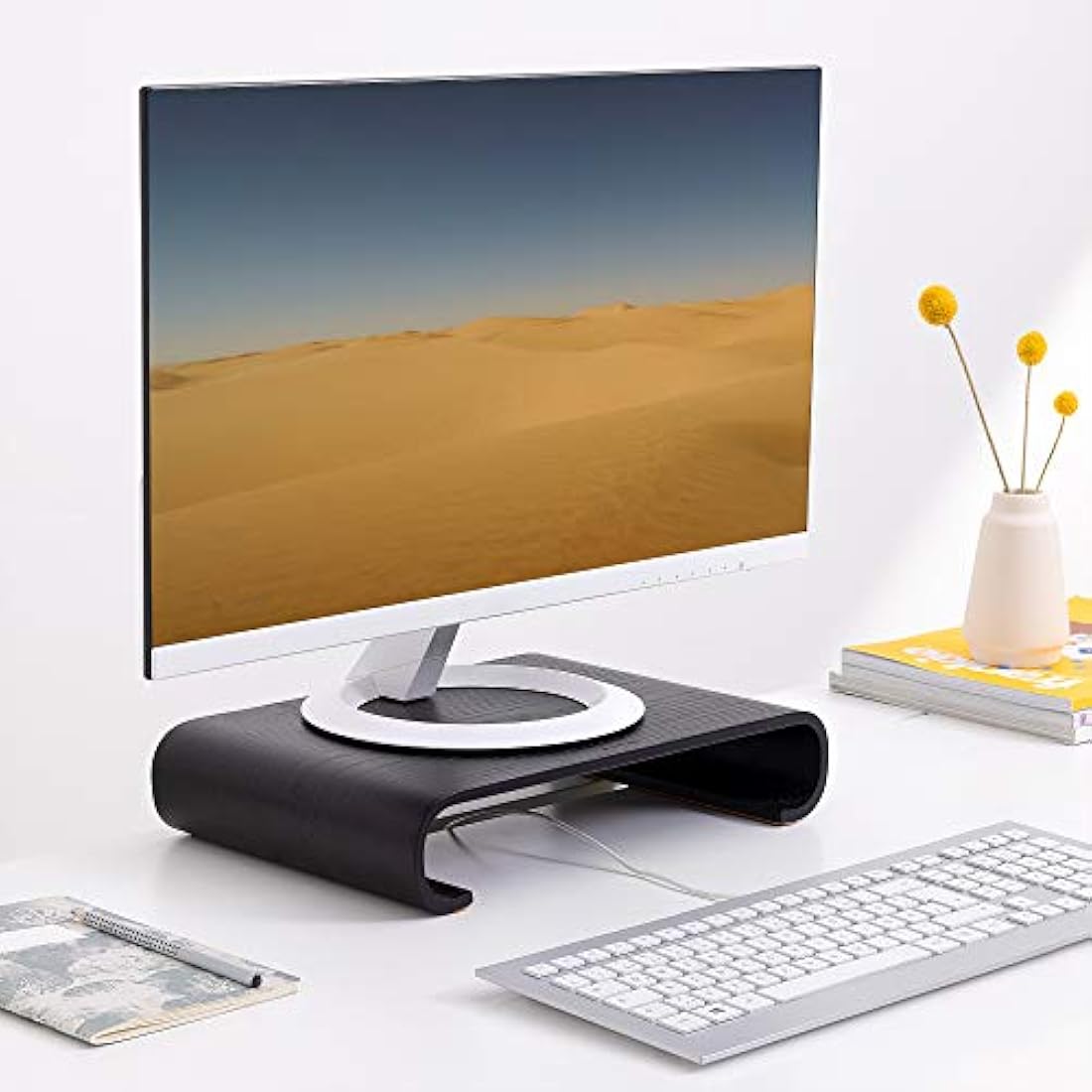 Navaris Computer Monitor Wood Stand - Universal Desk Monitor Holder - Desktop Dock Wooden Mount Display Riser for PC TV Laptop - Oak in Black