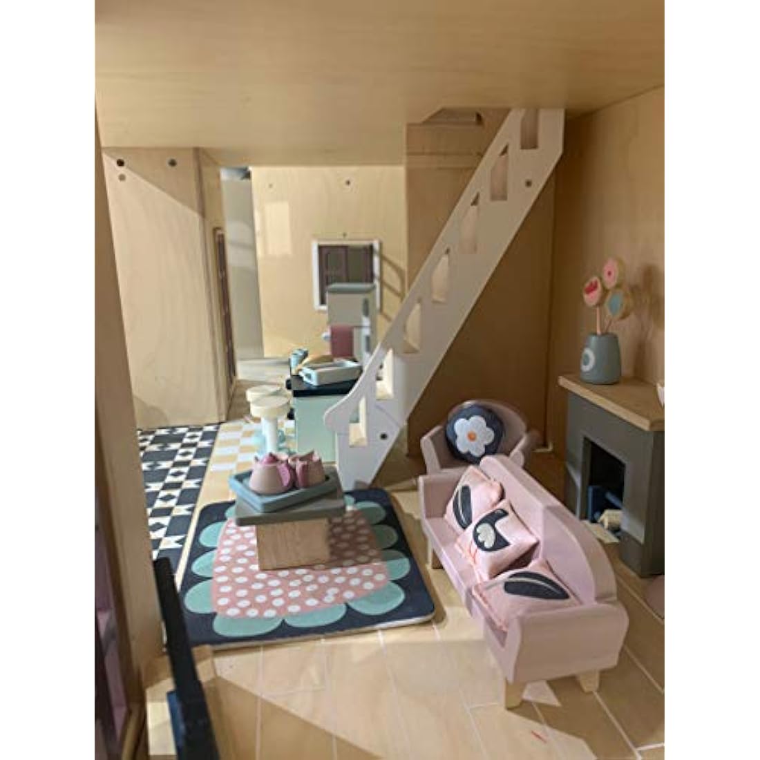 Tender Leaf Toys Dolls House Sitting Room Furniture - Wooden Sitting Room Furniture with Fireplace, Bookcase, TV, Sofa, Chair and Coffee Table for Dolls 10-12cm Tall
