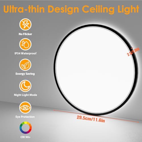 Yexati Bathroom Light 24W 3200LM 30cm Dimmable with Remote Control 6500K-3000K, IP54 LED Bathroom Light Ultra Thin Flush Ceiling Light Round for Kitchen Toilet Porch Bedroom Utility Room Black 4 Pack