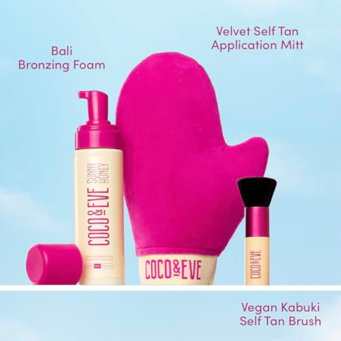 Coco & Eve Sunny Honey Bali Bronzing Bundle. All Natural Sunless Tanning Mousse. Instant Self Tanning Lotion with Bronzer, Mitt Applicator and Kabuki Brush. (Dark)