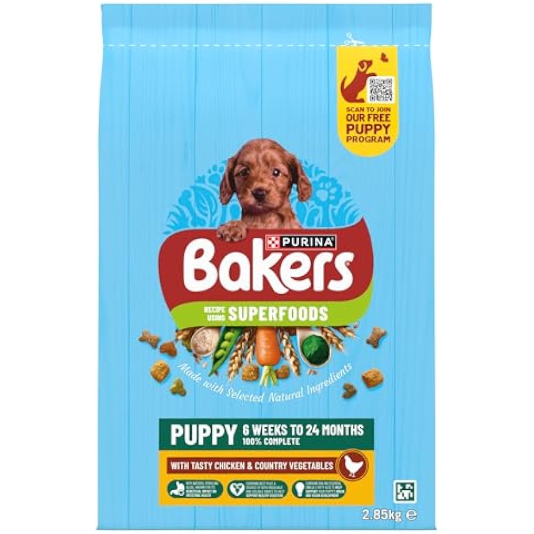 Bakers Puppy Dry Dog Food Chicken and Veg 2.85kg, Pack of 4