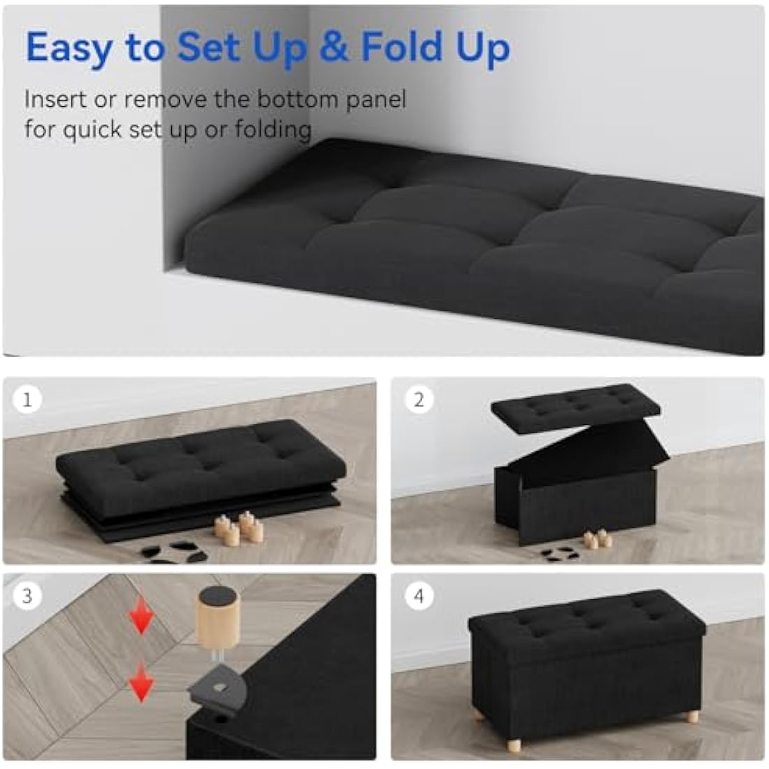 BRIAN & DANY Ottoman Storage Box with 4 Wood Legs, Linen Storage Ottoman for Living Room, Black, 76 x 38 x 38 cm