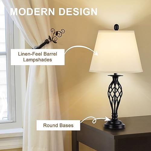 Depuley Modern Table and Floor Lamps, 3 Pack With White Linen Lampshade, Farmhouse Lamp Set for Living Room Bedroom Nightstands, Black (Bulb Included)