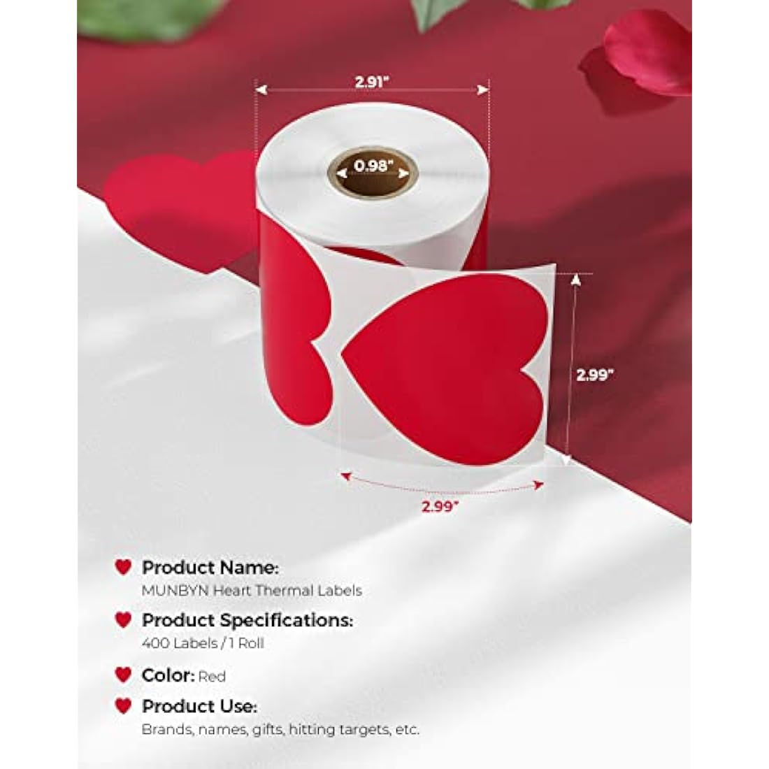 MUNBYN 76x76mm Heart Thermal Stickers, Heart Shaped Adhesive Sticker Labels, Red Love Thermal Labels for Gift, Wedding, Anniversary, Valentine's Day, Small Business 400 Sheet/Roll