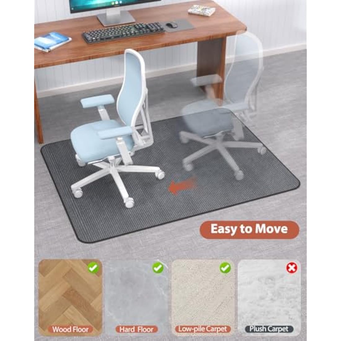 Blvornl Office Chair Mat for Hardwood Floor and Low Pile Carpet, 90 x 120 cm Corduroy Surface Desk Rolling Chair Mat for Hard Floors, Heavy Duty Carpeted Floor Protector Rug for Home Office, Dark Grey