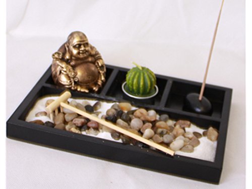 London Boutique Thai Sitting Down Buddha Ornament Statue Candle Holders Natural Stone Rattan Incense Gift Set (Laughing Buddha HY197)