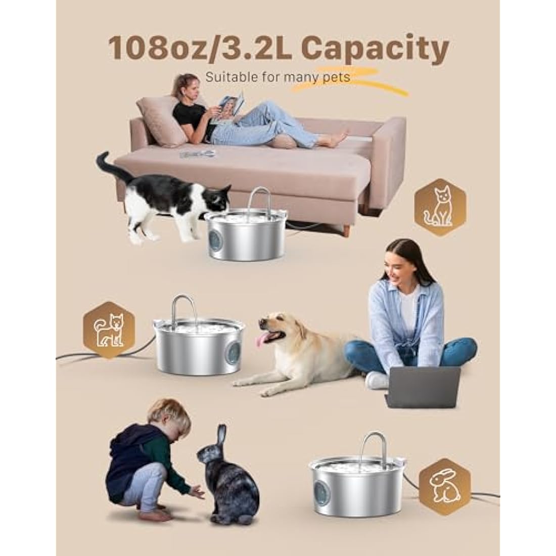 Cat Water Fountain Stainless Steel: Water Fountain Cat Bowl - 3.2L Drinking Fountains for Cats - Pet Water Dispenser - with 6 Carbon Filters + 3 Sponges