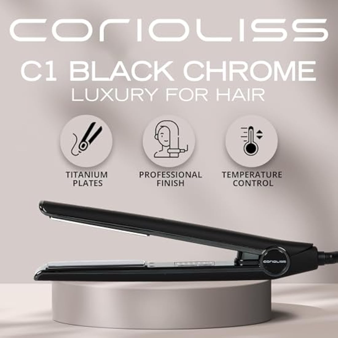 Corioliss C1 Hair Straightener for Women | Professional Titanium Plates | Ionic Flat Iron | Temperature Control 120°C to 235°C | Straightening and Waves | Travel Case | UK Plug | Black Chrome