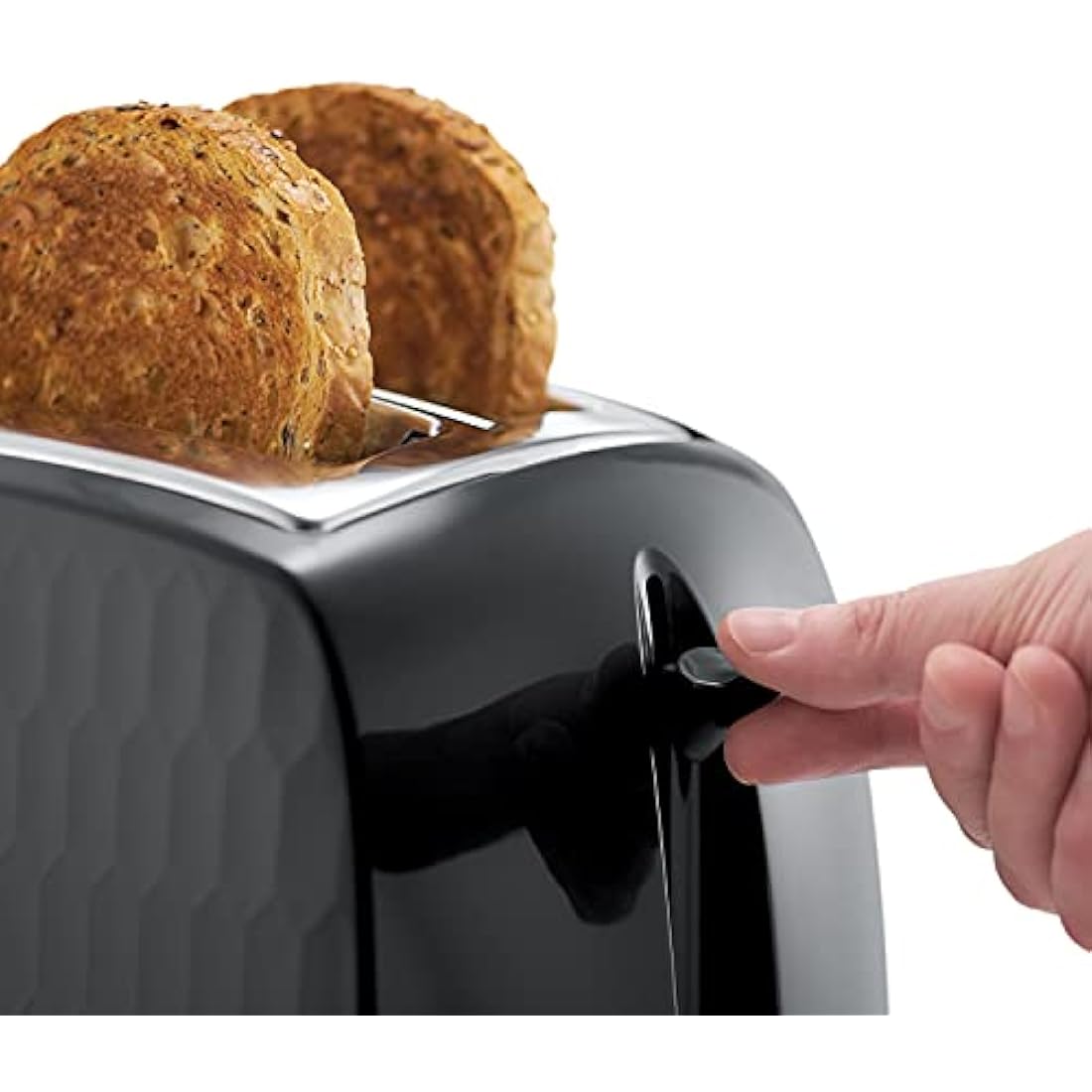 Russell Hobbs Honeycomb 2 Slice Toaster (Extra wide slots, High lift feature, 6 Browning levels, Frozen/Cancel/Reheat function, Removable crumb tray, 850W, Black, Textured high gloss) 26061