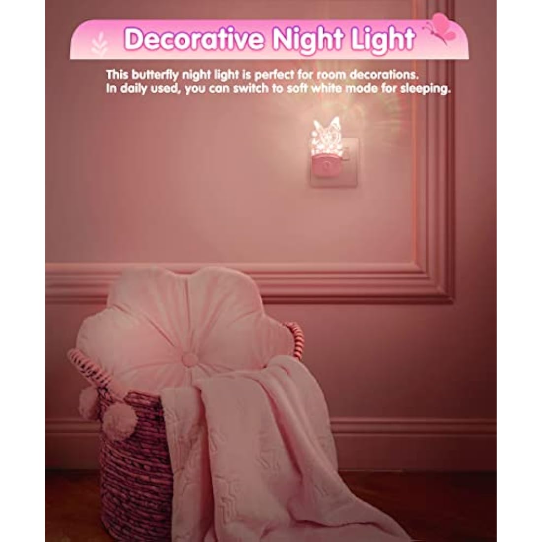 LOHAS-LED Butterfly Night Light for Kids, LOHAS Plug in Night Light, LED Night Light Dusk to Dawn Sensor, RGB + Warm White, 3 Lighting Modes, Gifts for Girls, Kids, Room Decor