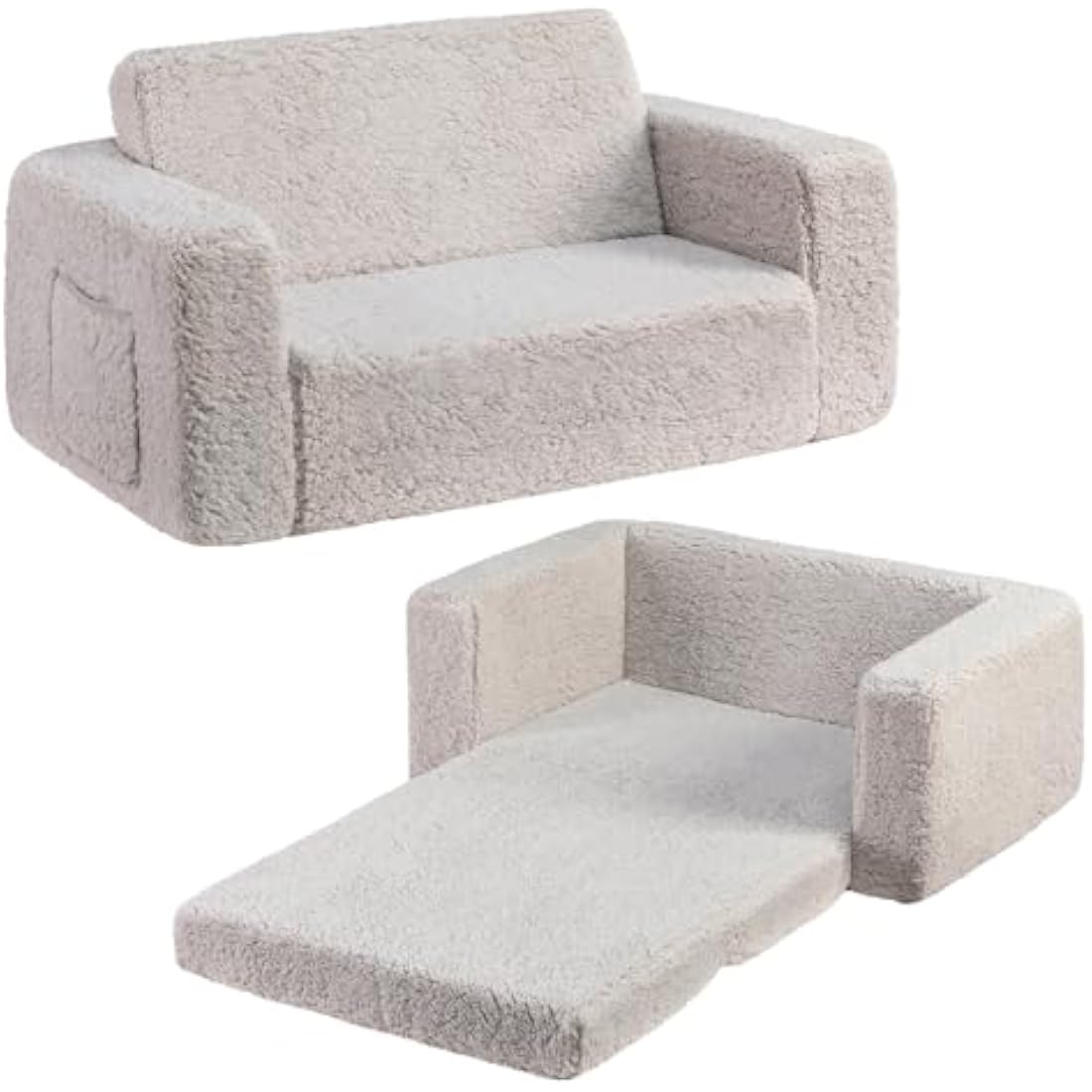 BEJOY Kids Sofa Bed, Extra Wide 2-in-1 Toddler Soft Sherpa Couch Fold Out, Convertible toddler bed to Lounger for Girls and Boys, Light Grey