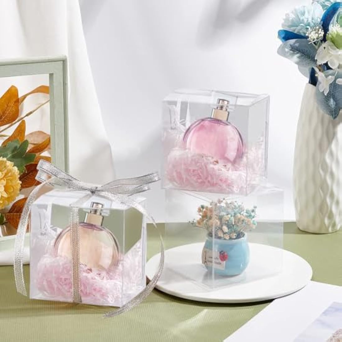 BENECREAT 20PCS Large Clear Wedding Favour Boxes, 10x10x10cm Square PVC Transparent Gift Boxes for Candy Chocolate Birthday Party Gift Wrapping