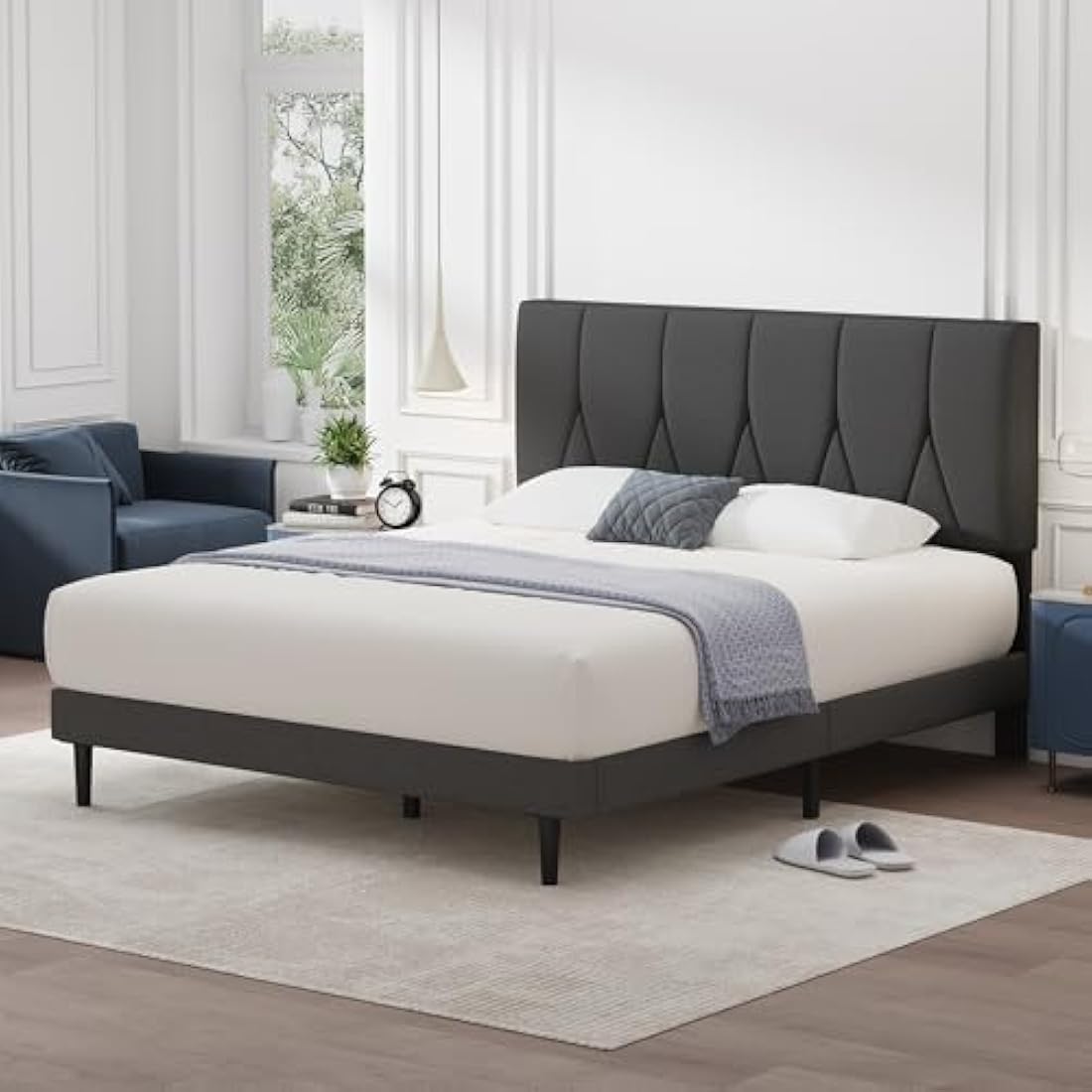 Yocreat Super King Bed Frame, Dark Grey, Upholstered Wooden Slat Bed Frame with Headboard, Easy Assembly, Underbed Storage, No Box Spring Needed 180×200