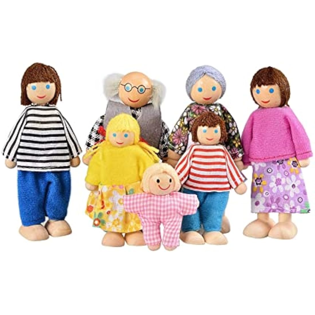 DecoBay Wooden Dollhouse Furniture - 6 Sets of Rooms, 7 Family Dolls - Bedroom, Kitchen, Bathroom, Living Room