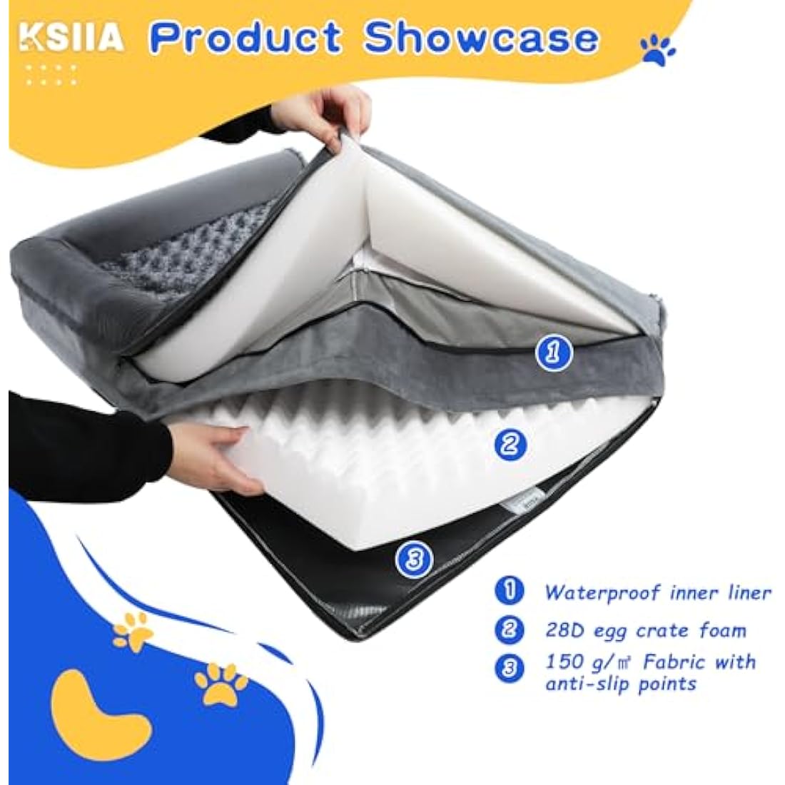 KSIIA Large Dog Bed, Orthopedic Dog Sofa Beds Pet Bed, Dog Couch with Removable Washable Cover, Waterproof Dog Bed, Pet Sofa with U-Shape Bolster, Grey 91x68x16cm