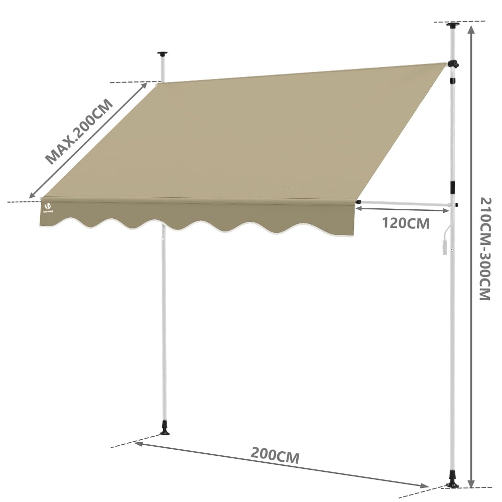 VOUNOT? 2 x 1.2m Patio Telescopic Awning, Retractable Manual Awning, Adjustable Waterproof Canopy with Hand Crank, Balcony Sun Shade Shelter, Beige