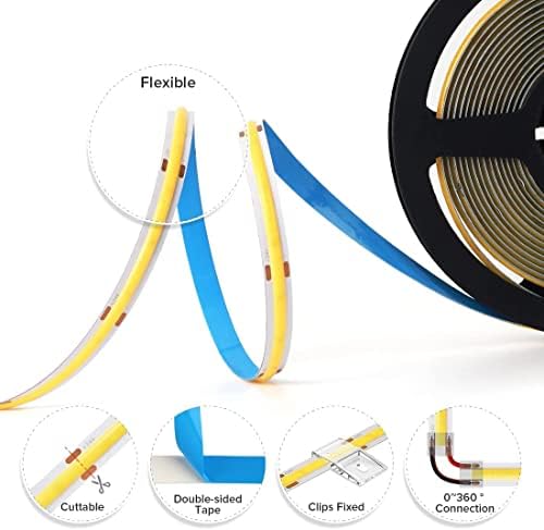 BTF-LIGHTING FCOB COB LED Strip Natural White 4000K Flexible High Density Uniform Light Dimmable LED Strip CRI90+ 10M 336LEDs DC24V 8W/m 8mm Bendable FOB LED Ribbon for DIY Indoor Lighting Project