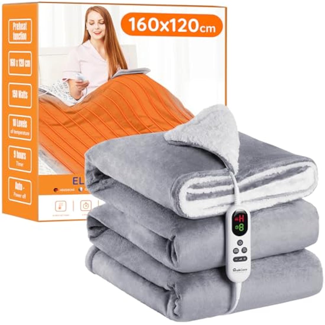 Mia&Coco Electric Heated Blanket Throw Flannel Sherpa Fast Heating 120x160cm, 10 Heat Levels & Up-to-9-Hours Auto-Off Timer & LED Display, for Home Office Use, Machine Washable, ETL Certified, Grey