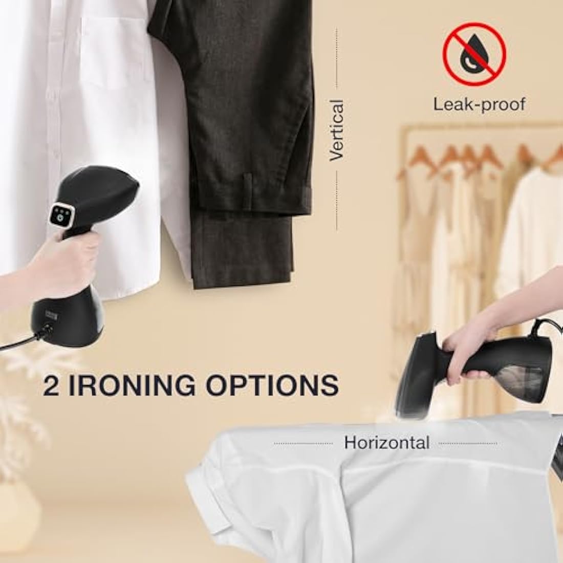 LEBENLANG Handheld Clothes Steamer Iron - 1500W & 300ml I Incl. 2 Attachments & Ironing glove I Vertical Garment Steamer Clothing steam Hand Held Steamers for clothes I Portable for Shirt Curtain Suit