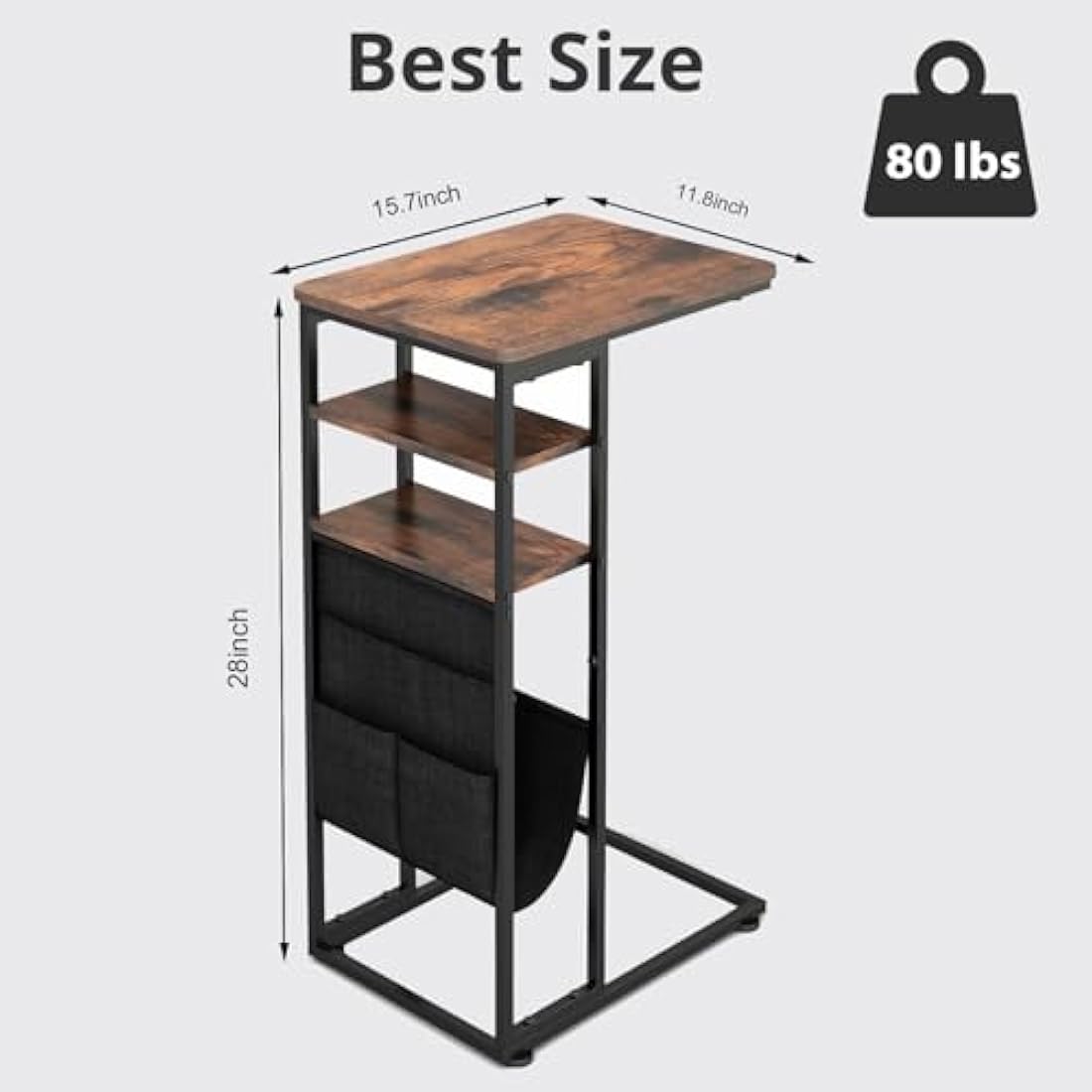 ZEXVIDA C Shaped Side Table, 3 Tier Sofa End Tables with Storage Bag, Sturdy Slide Under Sofa Slim Side Tables with Metal Frame for Small Spaces, Living Room, Bedroom, Industrial (Rustic Brown)