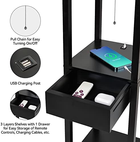 PULUOMIS Floor Lamp with Shelves, 3 Tier Storage Standing Lamp with LED Bulb, 2 USB Charging Ports and 1 Drawer, Modern Reading Lamp for Living Room, Bedroom, Office, Home Decoration, Black