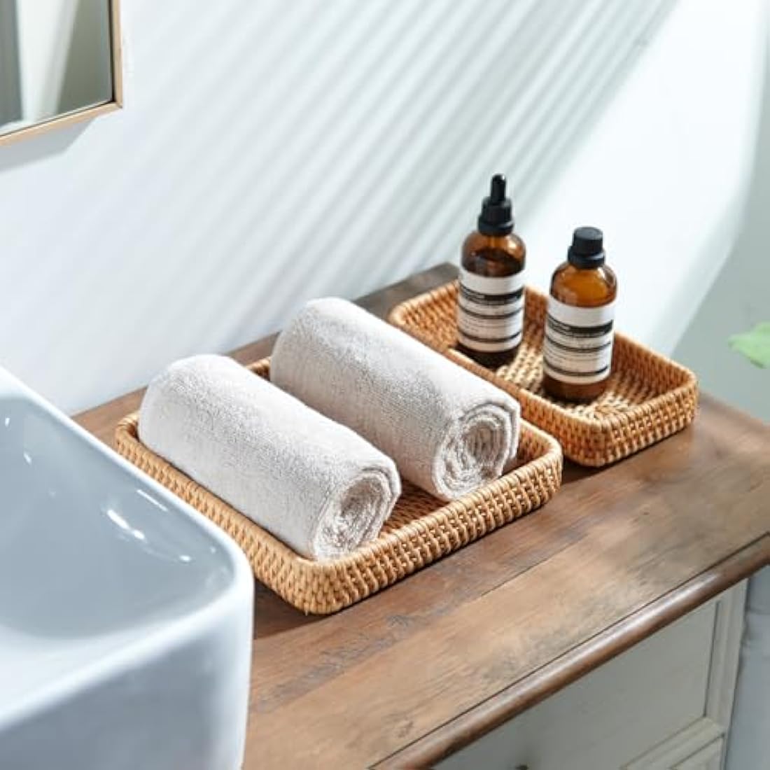 Set of 3, Rattan Serving Tray, Rectangular Wicker Tray, Natural Woven Decorative Serving Baskets for Organizing Tabletop Kitchen Counter