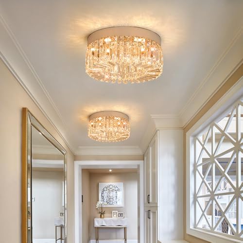 VETRULUS Crystal Chandeliers for Living Room Flush Mount Crystal Ceiling Light Fixtures 40CM Modern LED Chandelier for Dining Room Kitchen Foyer Chrome Silver