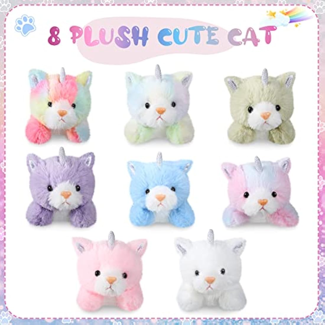 Sumind 8 Pcs Cat Stuffed Animals Bulk Plush Pets 5 Inch Cute Assorted Plush Cats Horse for Birthday Halloween Christmas Party Favors Favors(Horned Cat)