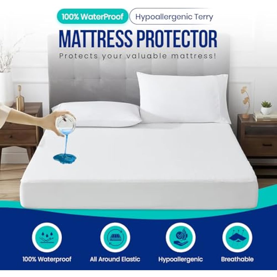 Sunshine Comforts Waterproof Mattress Protector Single 30cm Extra Deep Fitted Skirt - Terry Towel Mattress Protector - Hypoallergenic and Noiseless Mattress Cover With All Around Elastic (90 x 190cm)