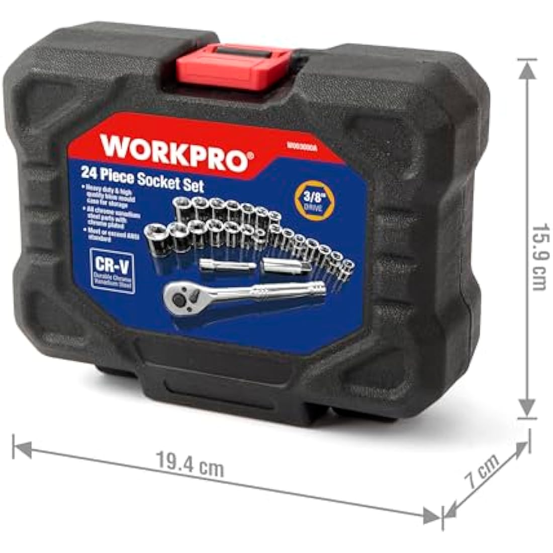WORKPRO 24PC Socket Set 3/8" Ratchet Drive Sockets Wrench, 11pc Metric & 10pc SAE Sockets, Extension Bar Spark Plug Rachet Set Spanners with Blow Molded Case