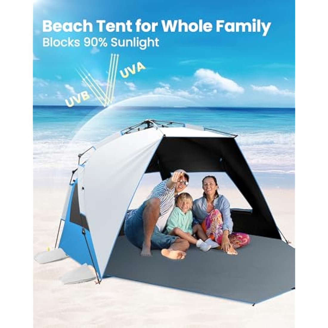OutdoorMaster Beach Tent with Dark Shelter Technology, Portable Beach Shade Sun Shelter Canopy for 4-6 Person with UPF 50+ UV Protection, Easy Setup Pop Up Tent Family Size - Ocracoke Coast