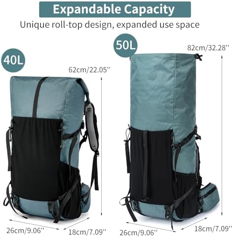 POWER KING 40L Expandable TO 50L Hiking Backpack,Upgraded X-PAC Scratch-proof Lightweight Large Rucksack for Mens Women, Outdoor Roll Top Camping Packsack, Fit for 15.6'' Laptop